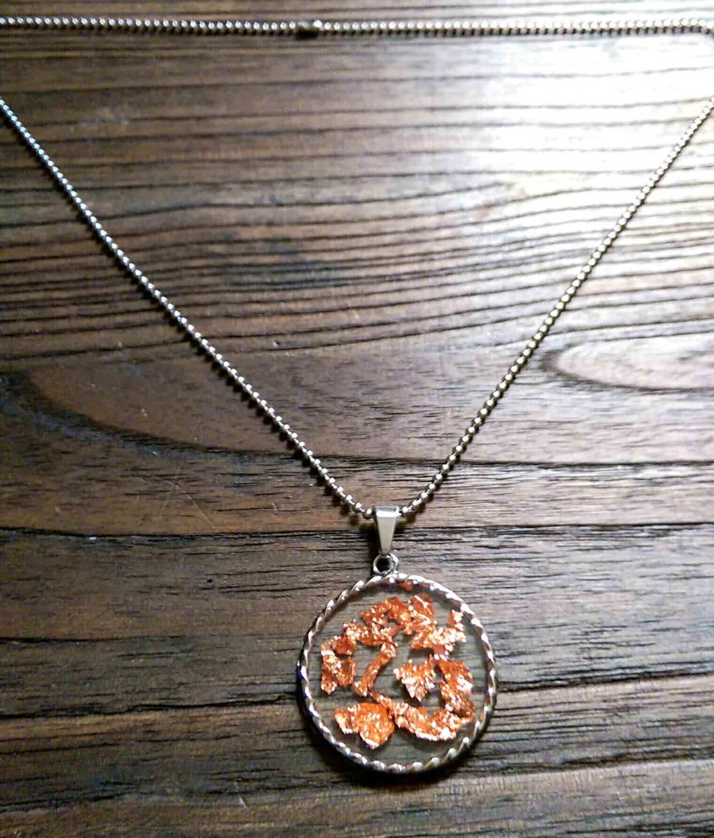 Resin Twisted Circle Necklace Clear Resin with Rose Gold Leaf Stainless Steel. 35mm Circle Pendant.