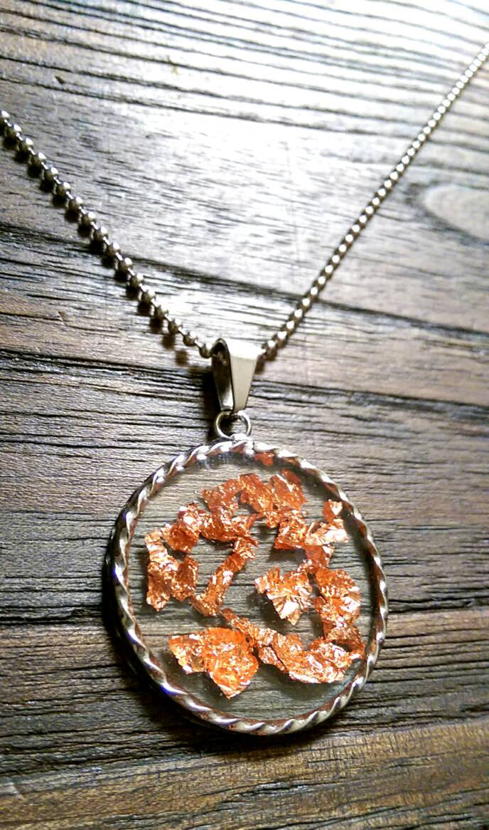 Resin Twisted Circle Necklace Clear Resin with Rose Gold Leaf Stainless Steel. 35mm Circle Pendant.