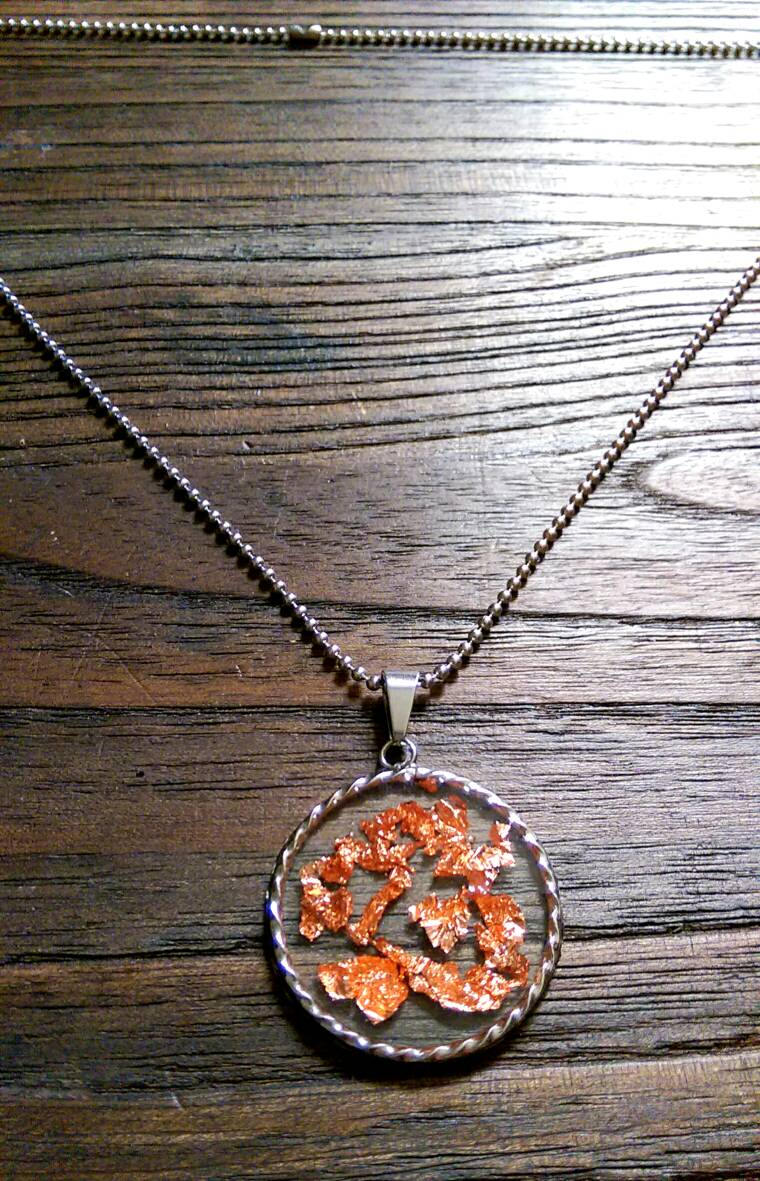 Resin Twisted Circle Necklace Clear Resin with Rose Gold Leaf Stainless Steel. 35mm Circle Pendant.