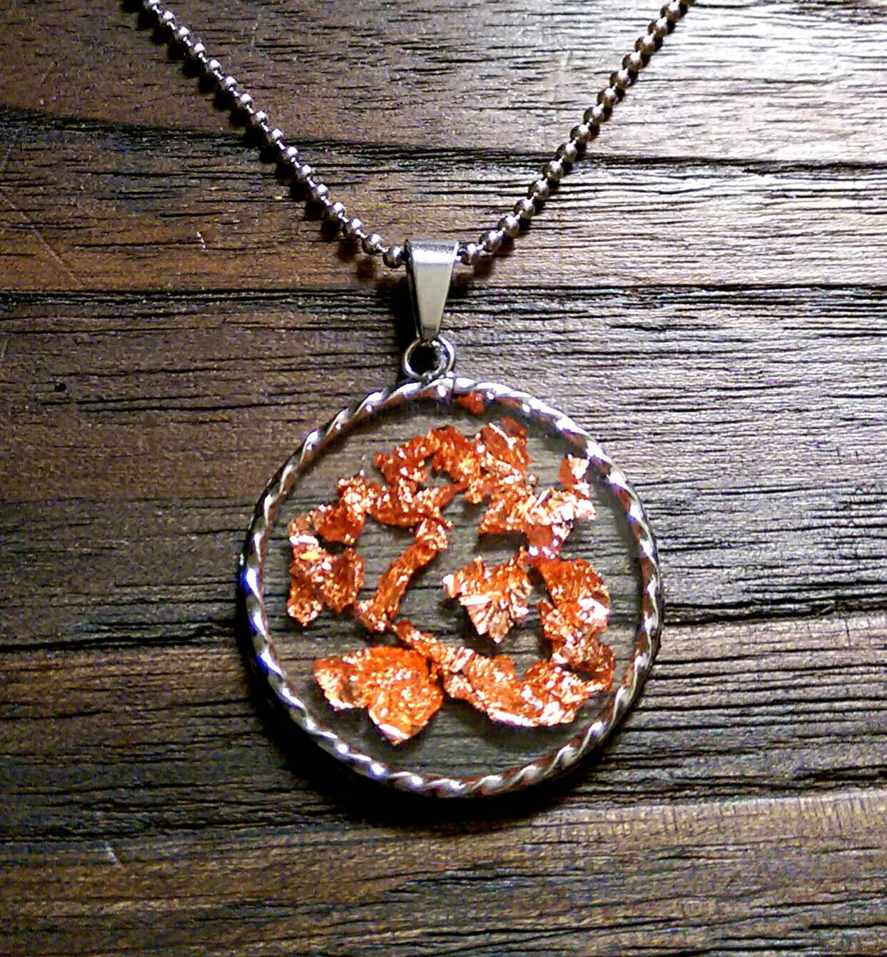 Resin Twisted Circle Necklace Clear Resin with Rose Gold Leaf Stainless Steel. 35mm Circle Pendant.