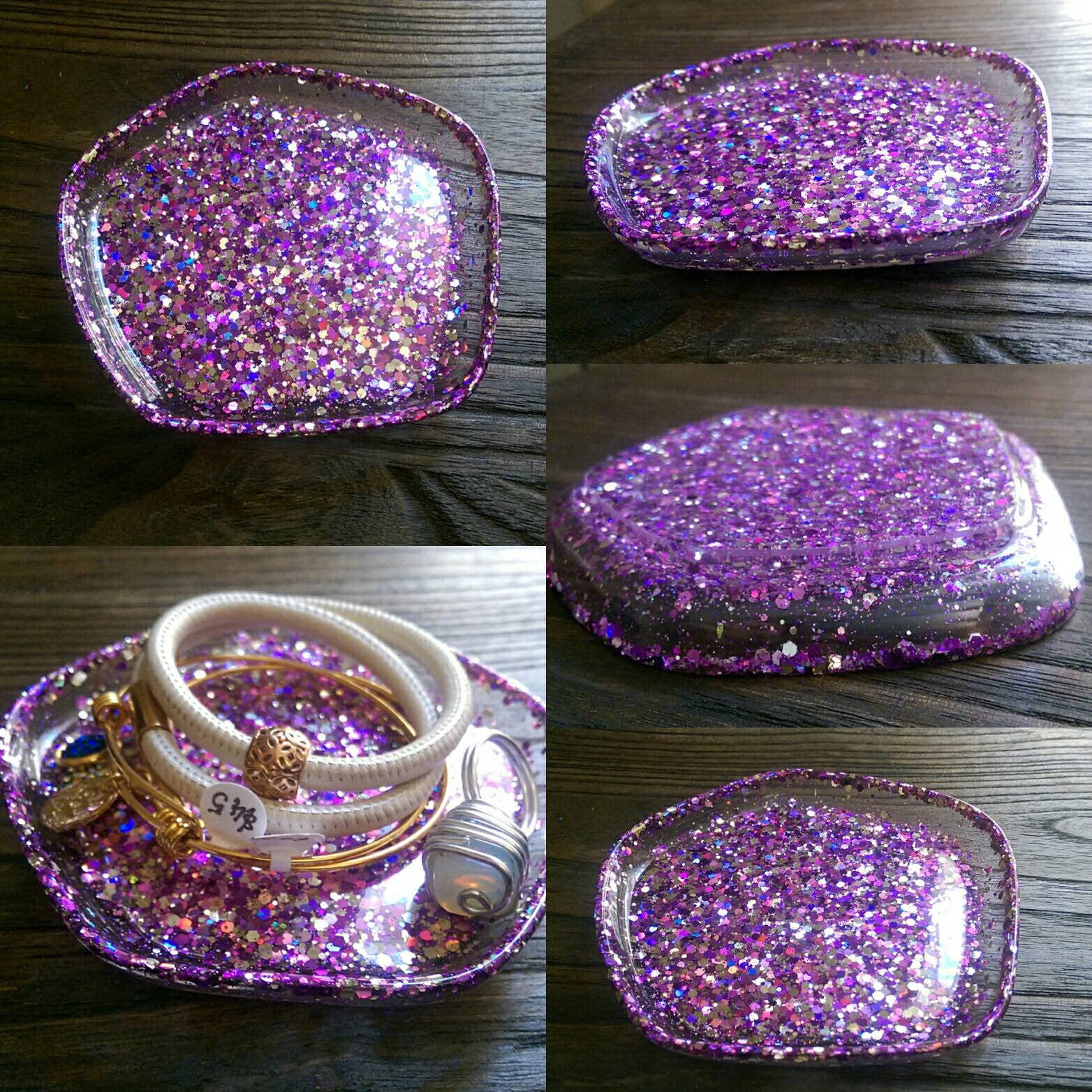 Resin Ring Dish Pentagon Design Sparkly Mixed Purple Silver Glitters - Silver and Resin Designs