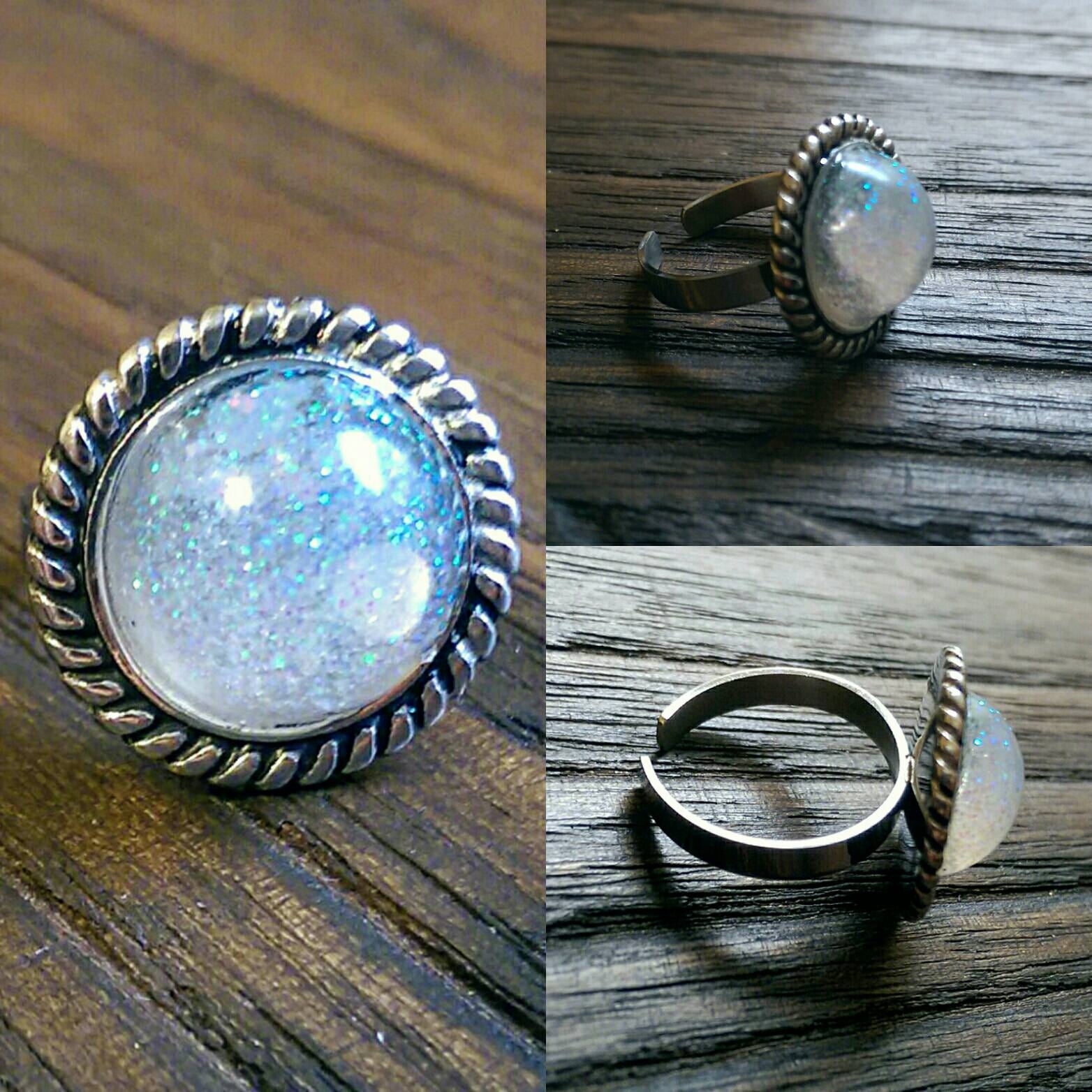Resin Glitter Ring, Fine Glitter Stainless Steel Statement Ring - Silver and Resin Designs