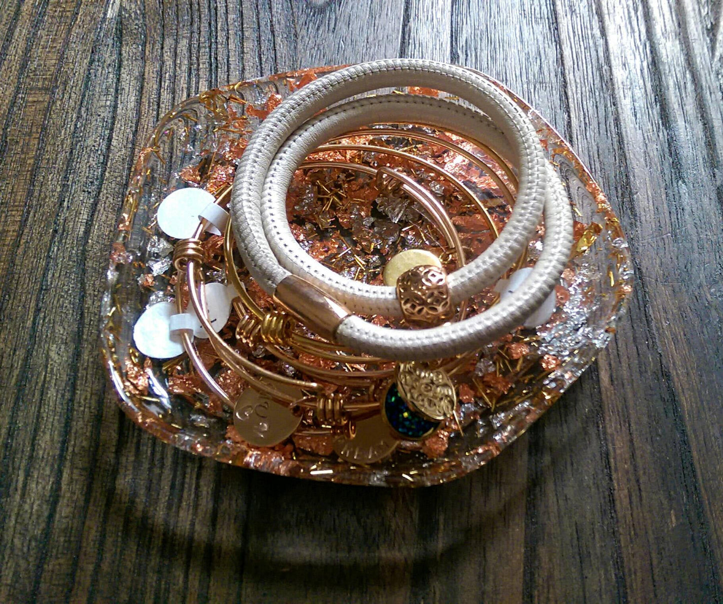 Resin Ring Dish Pentagon Design with Silver Gold and Rose Gold Leaf mix