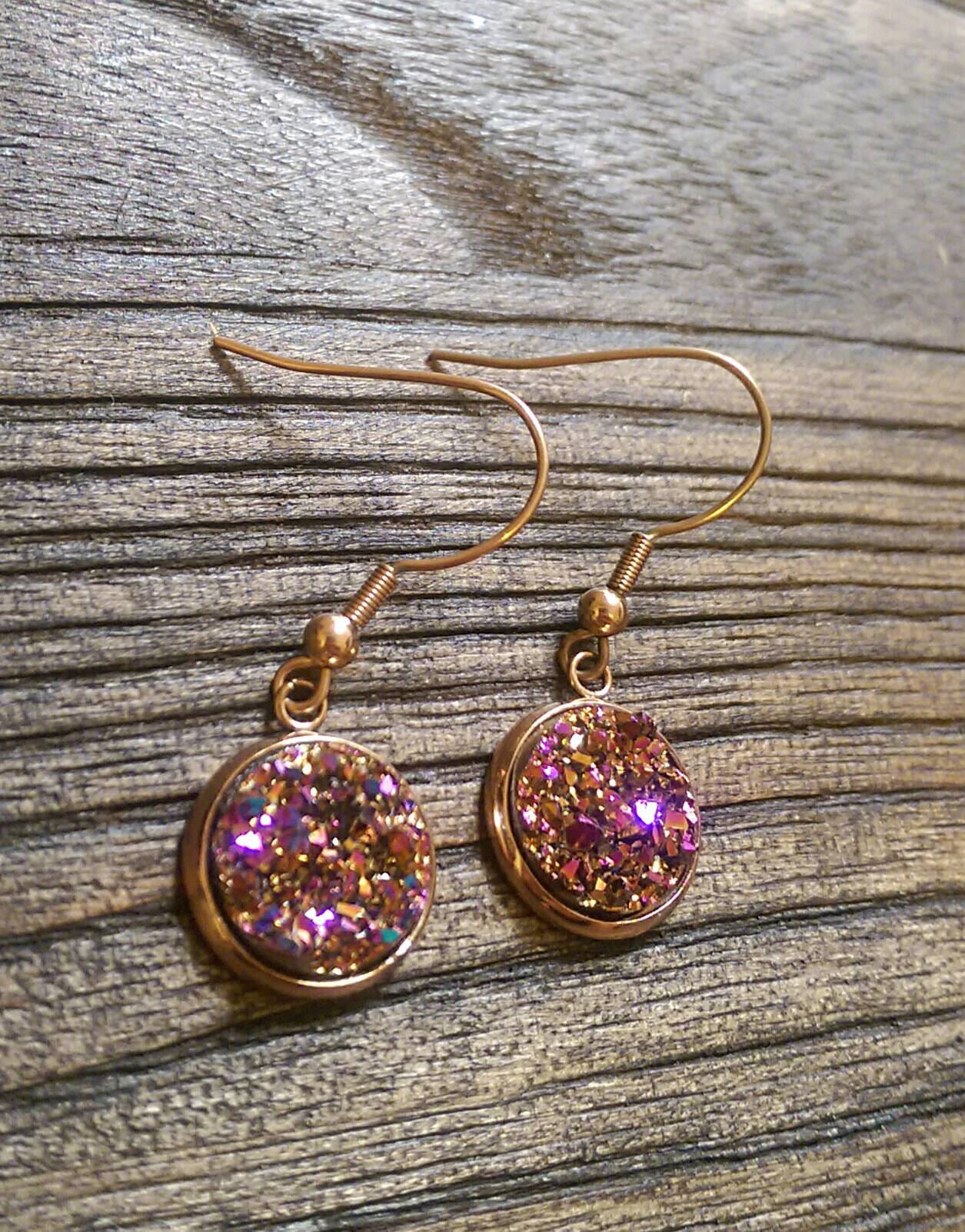 Sparkly Faux Druzy Stud Earrings made of Stainless Steel Rose Gold, Pink Rose Duzy