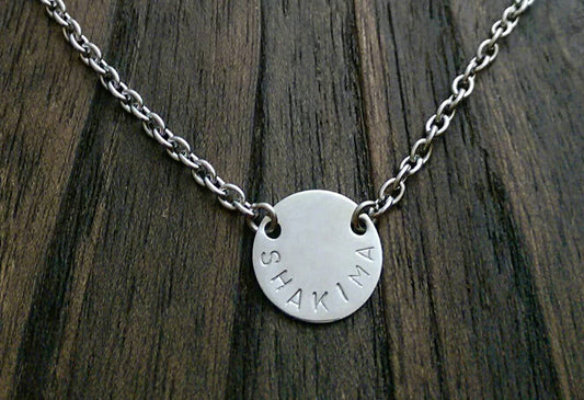 Personalised Hand Stamped Circle 15mm Disc Necklace Pendant Stainless Steel. - Silver and Resin Designs