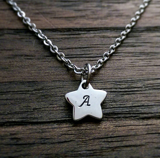 Personalised Hand Stamped Star Initial Necklace Pendant Stainless Steel. - Silver and Resin Designs