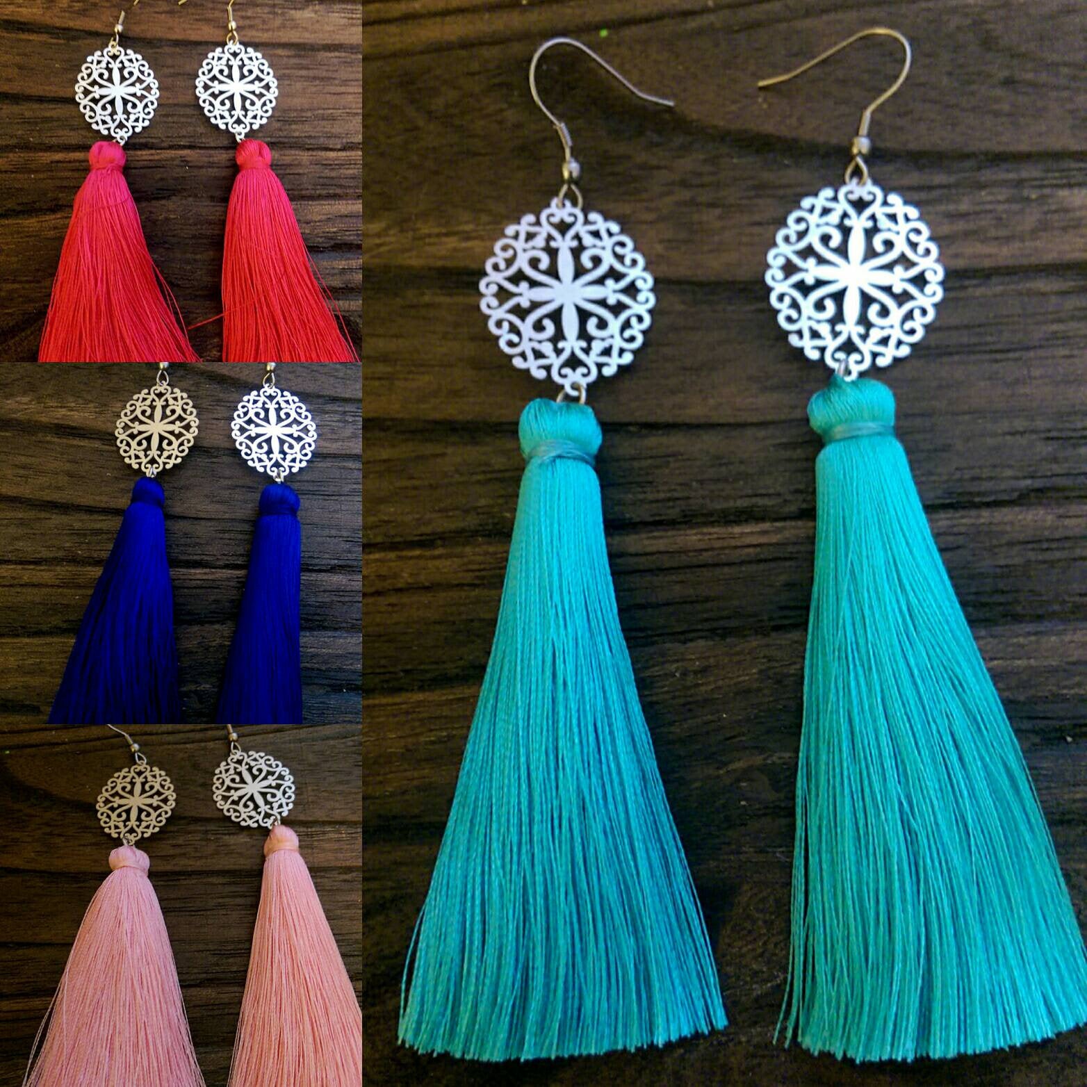 Stainless Steel Filigree Design Tassel Earrings. Choose Colour - Silver and Resin Designs