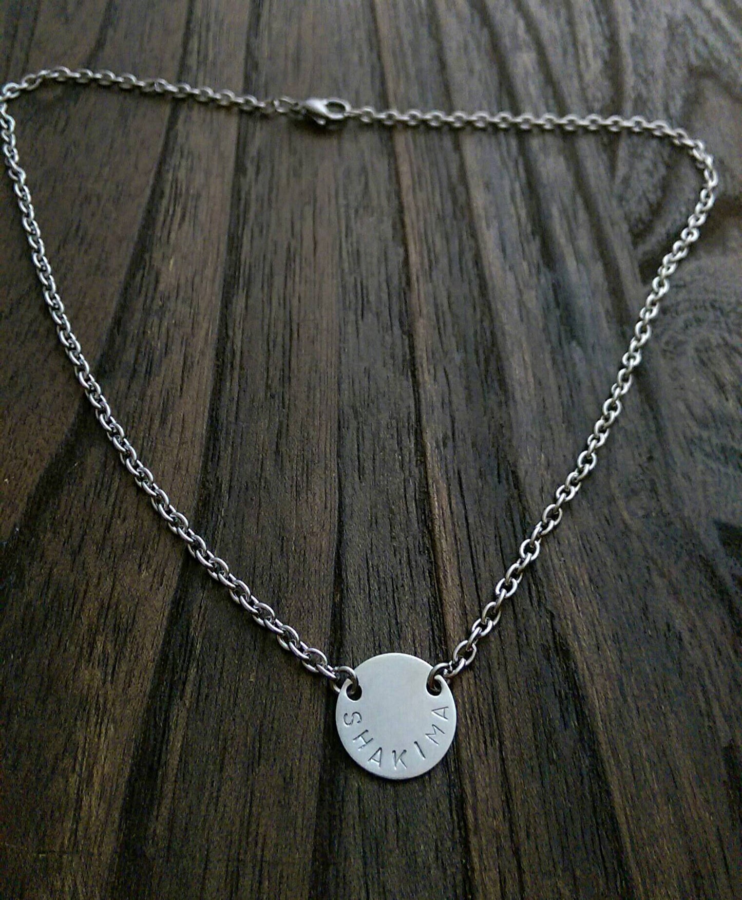 Name Necklace Circle Disc Personalised Hand Stamped. Choose colour. 15mm Disc