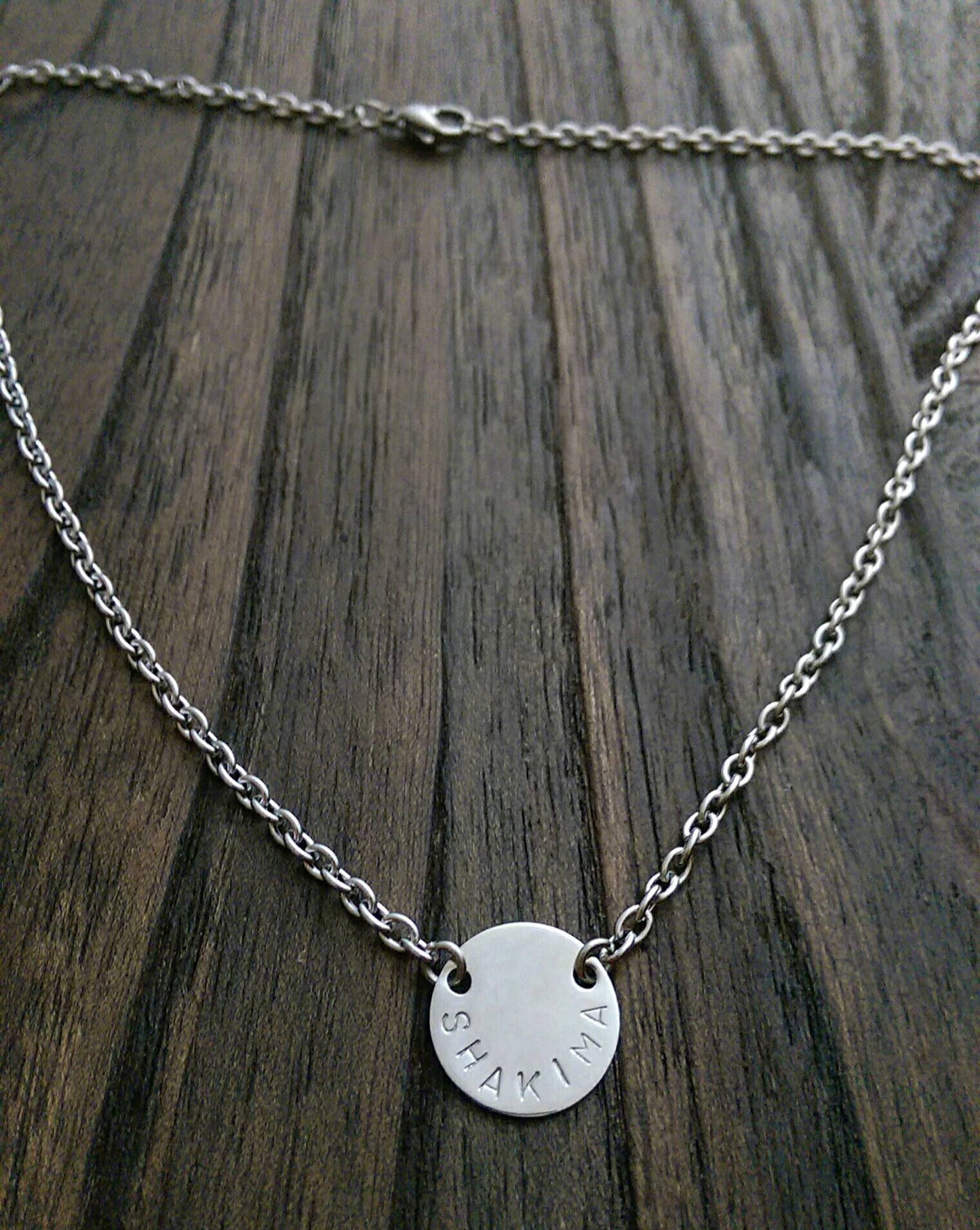 Name Necklace Circle Disc Personalised Hand Stamped. Choose colour. 15mm Disc