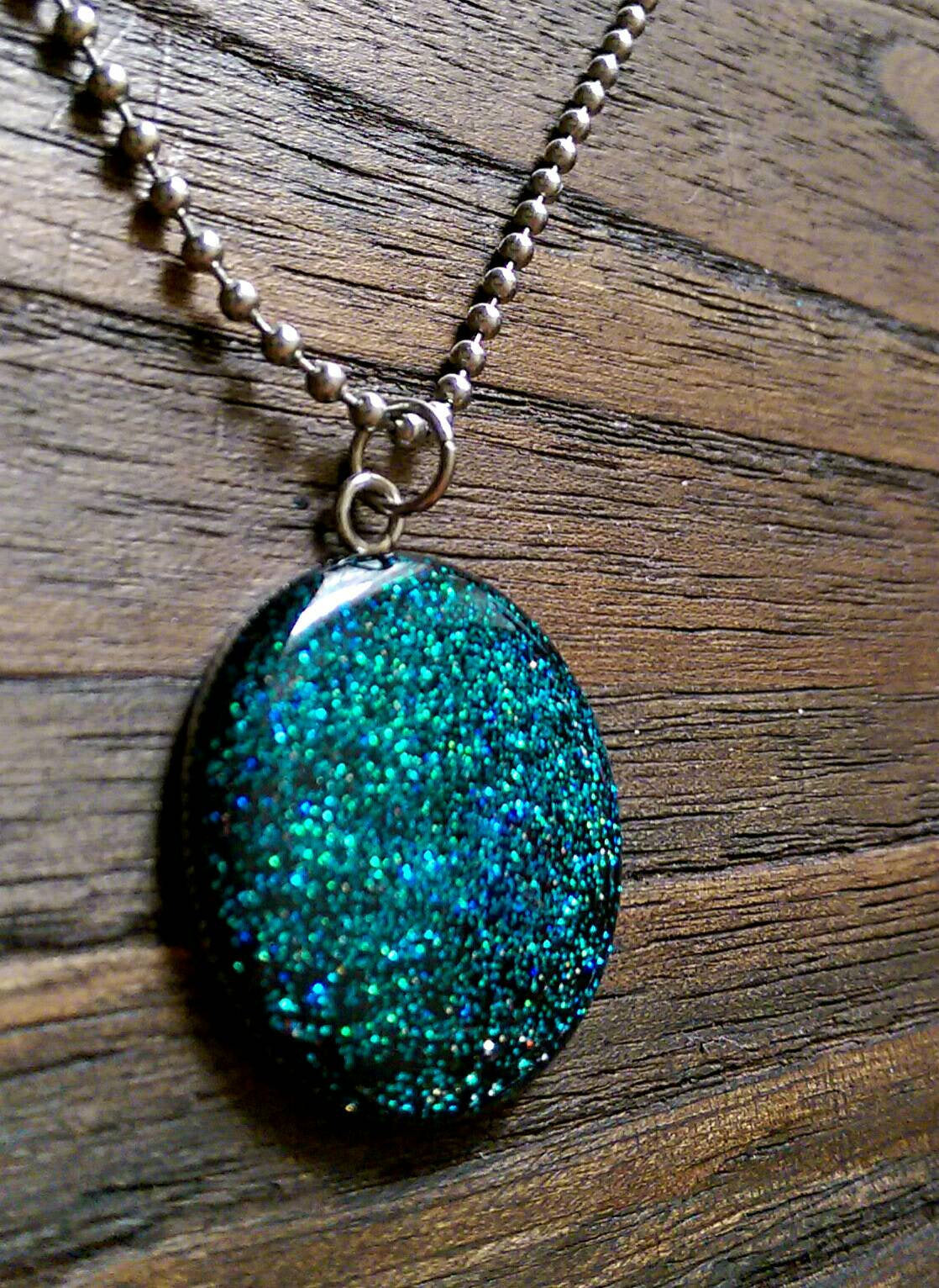 Resin Circle Necklace Blue and Turquoise mix glitter Stainless Steel. 30mm Circle Pendant. - Silver and Resin Designs