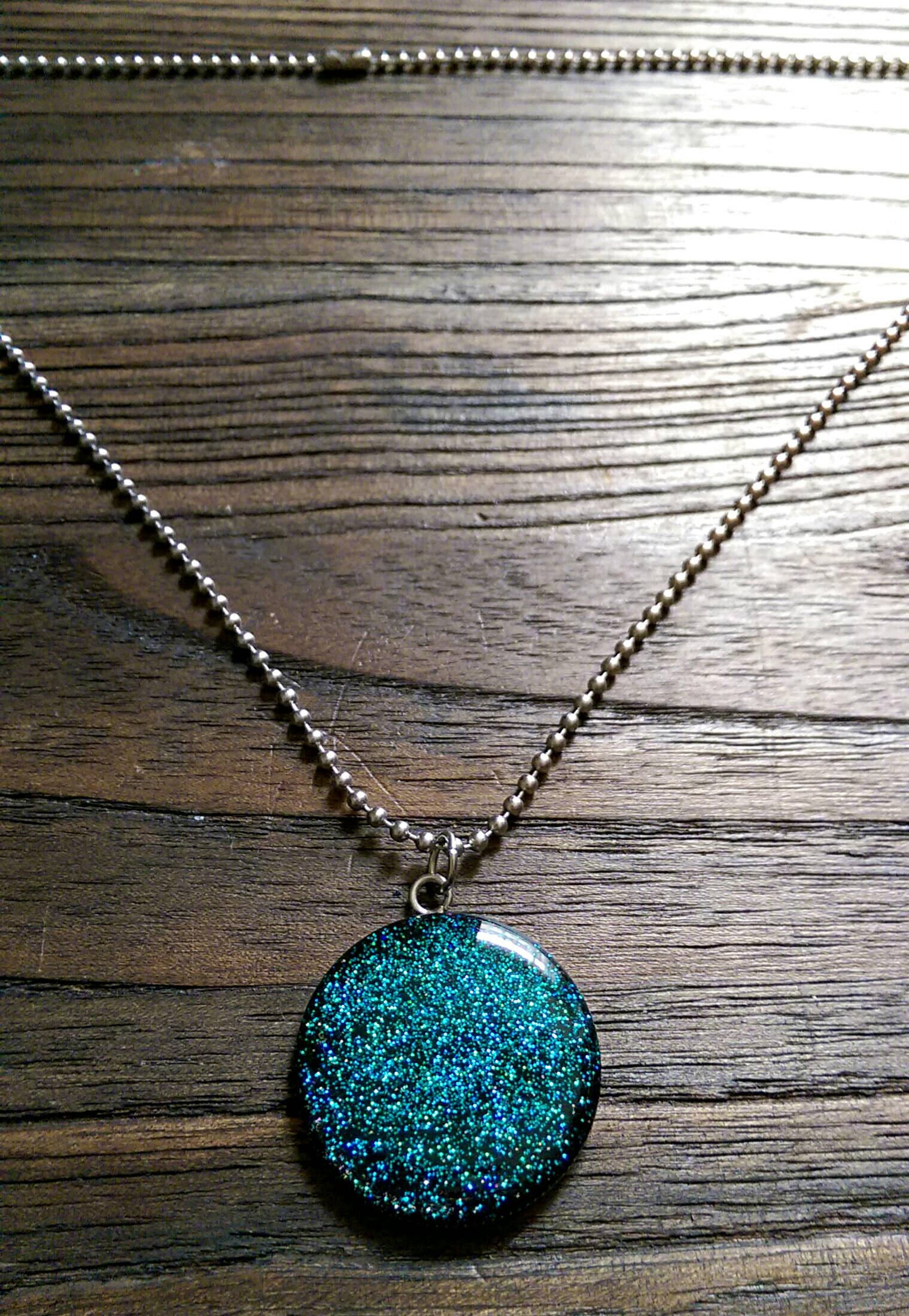 Resin Circle Necklace Blue and Turquoise mix glitter Stainless Steel. 30mm Circle Pendant. - Silver and Resin Designs