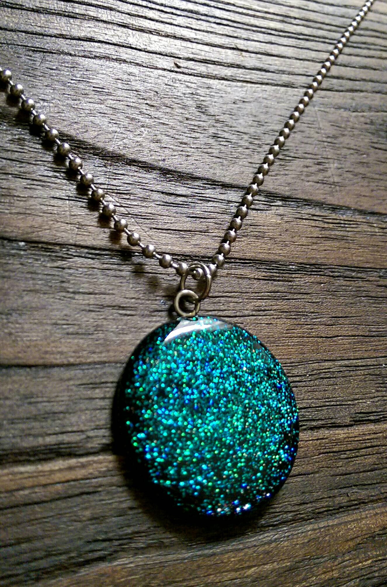 Resin Circle Necklace Blue and Turquoise mix glitter Stainless Steel. 30mm Circle Pendant. - Silver and Resin Designs