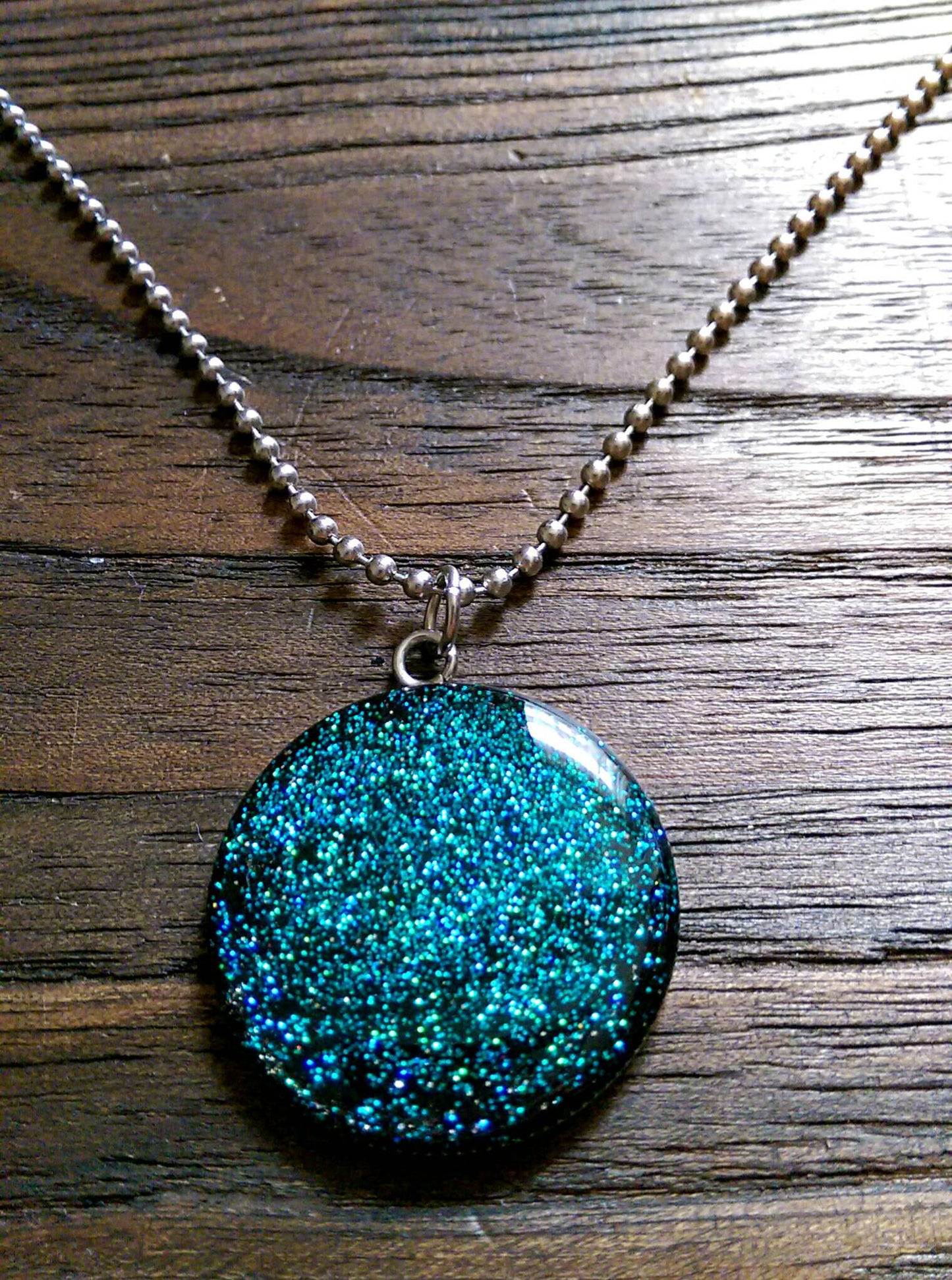 Resin Circle Necklace Blue and Turquoise mix glitter Stainless Steel. 30mm Circle Pendant. - Silver and Resin Designs