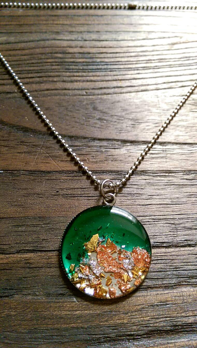 Resin Circle Necklace Emerald Green with mixed foil Stainless Steel. 30mm Circle Pendant. - Silver and Resin Designs