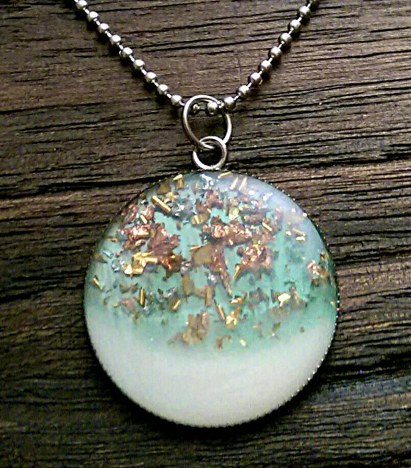 Resin Circle Necklace Baby Blue and White with mixed leaf Stainless Steel. 30mm Circle Pendant.