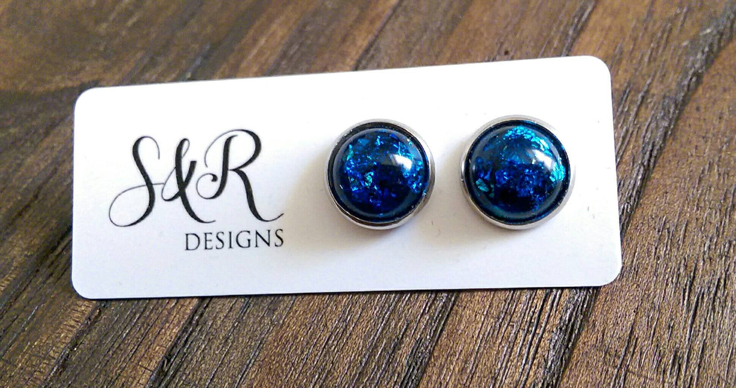 Resin Circle Stud Earrings, Stainless Steel 12mm Blue or Teal Earrings