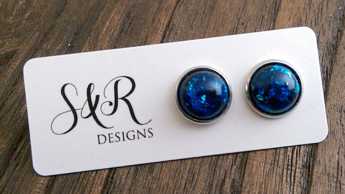 Resin Circle Stud Earrings, Stainless Steel 12mm Blue or Teal Earrings