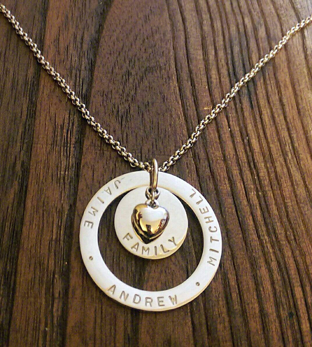 Personalised Hand Stamped Name Necklace add names or words with Heart charm - Silver and Resin Designs