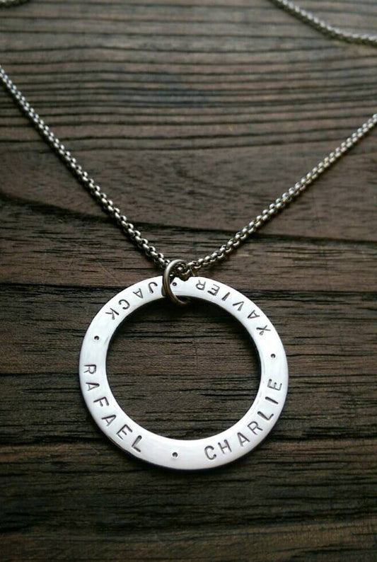 Personalised Hand Stamped Name Words Necklace 38mm. Choose Colour - Silver and Resin Designs