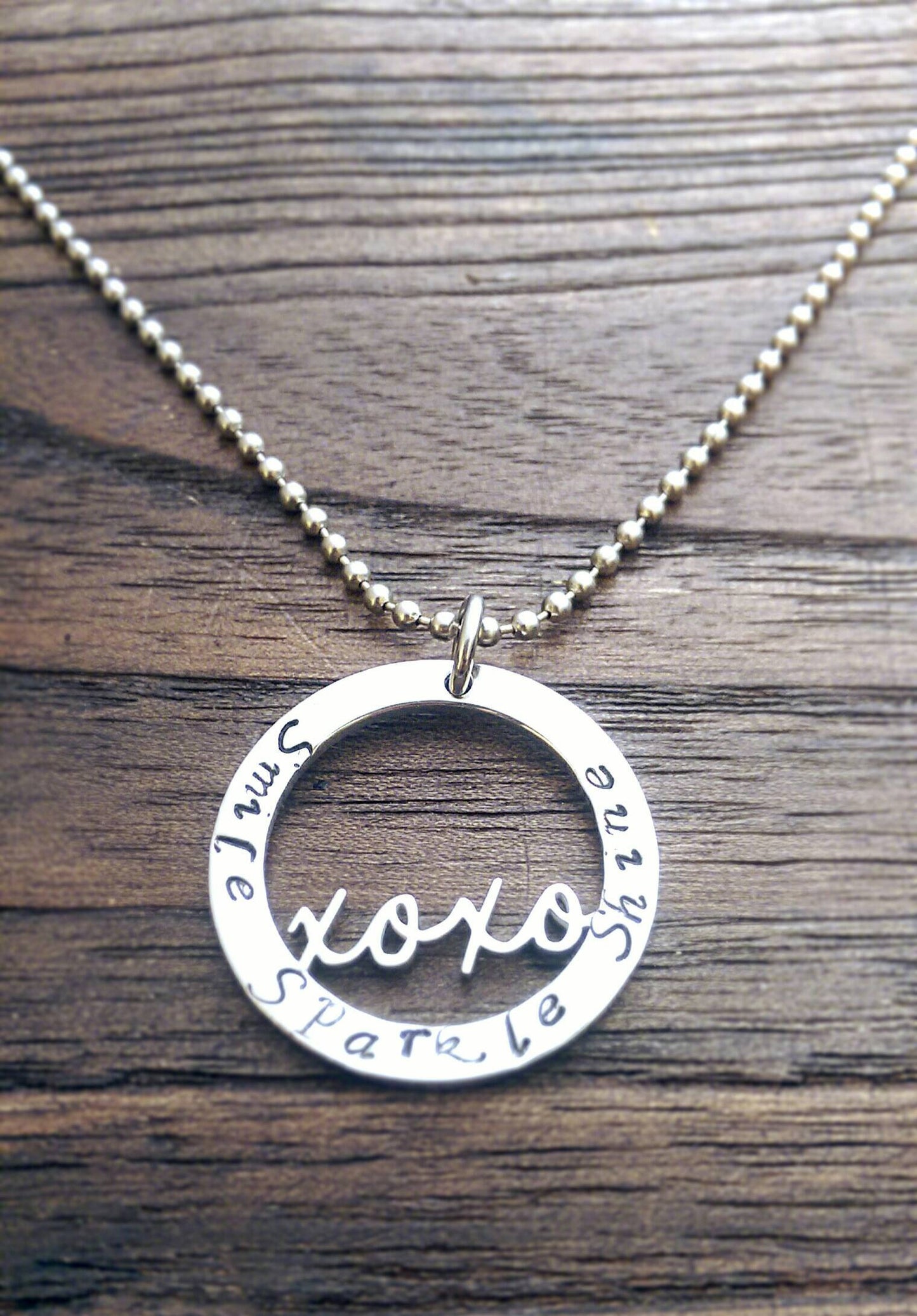 Hand Stamped Personalised Circle Necklace X O Kiss Hug  Design 32mm Silver Necklace "Smile Sparkle Shine" Ready Made ready to post.