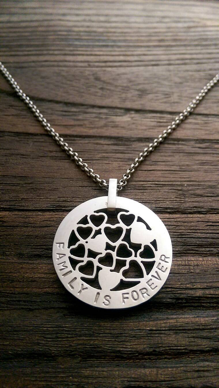 Hand Stamped Personalised Circle Necklace Multi Hearts  Design 30mm Silver Necklace "Family is Forever" Ready Made ready to post.