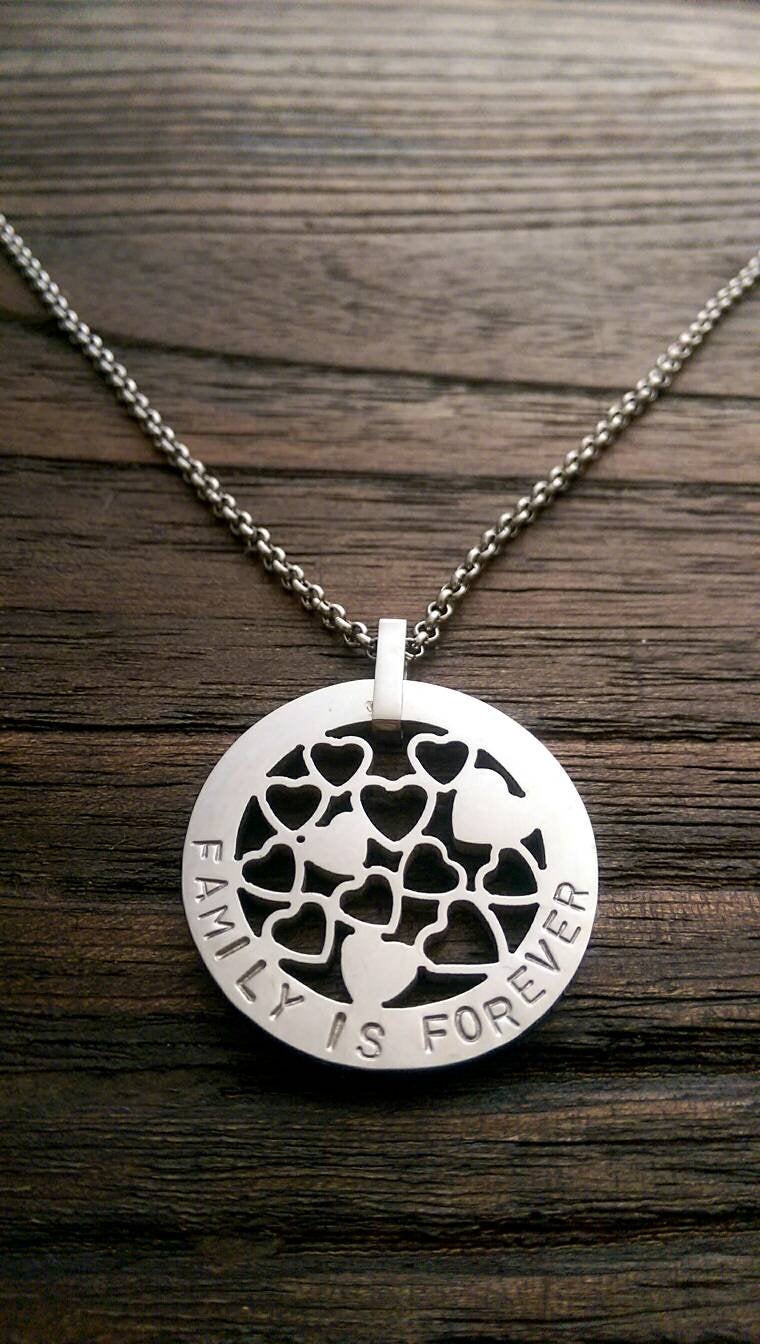 Hand Stamped Personalised Circle Necklace Multi Hearts  Design 30mm Silver Necklace