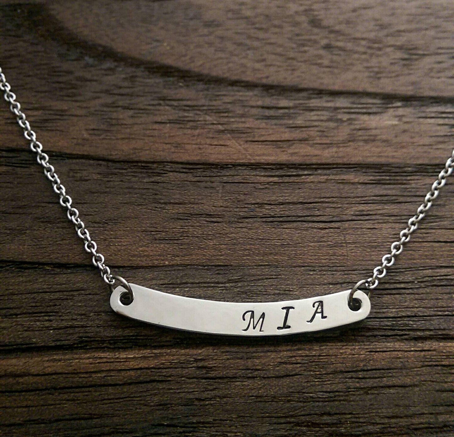 Hand Stamped Personalised Curved Bar Name Necklace  "MIA" Ready Made ready to post. - Silver and Resin Designs