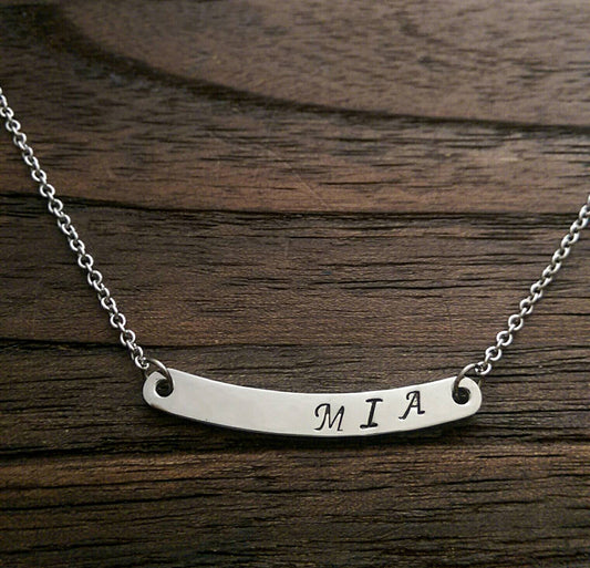 Hand Stamped Personalised Curved Bar Name Necklace  "MIA" Ready Made ready to post. - Silver and Resin Designs