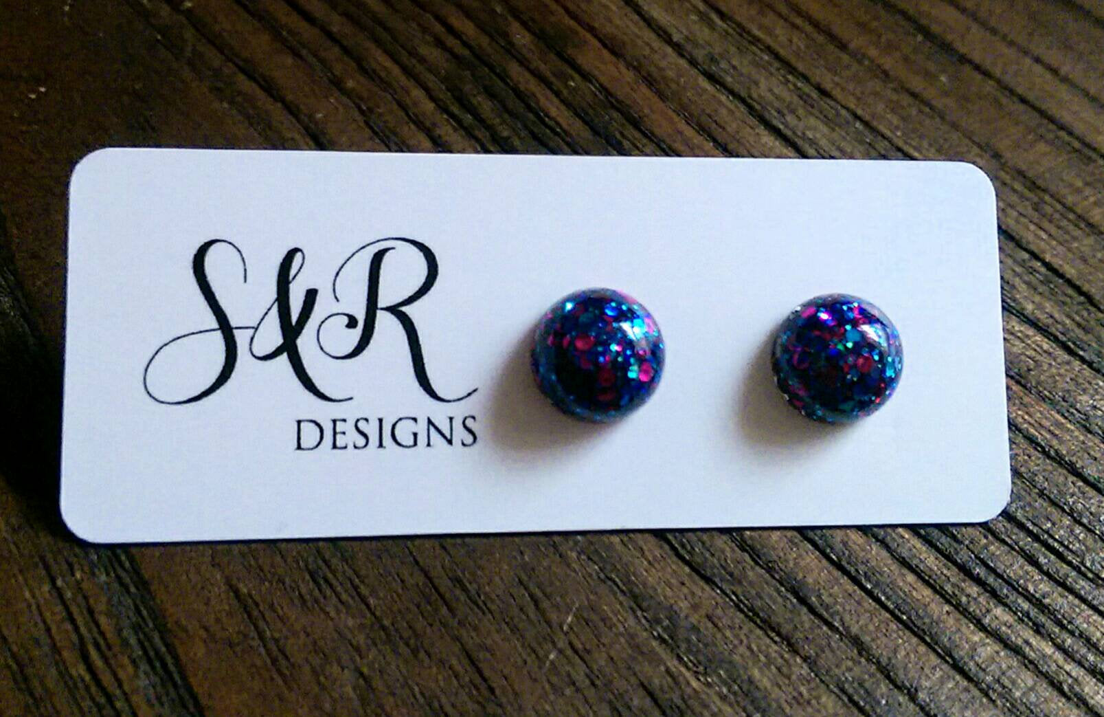 Glitter Resin Earrings, Pink Blue Mix Earrings, Stainless Steel Earrings. choose 9mm or 10mm - Silver and Resin Designs
