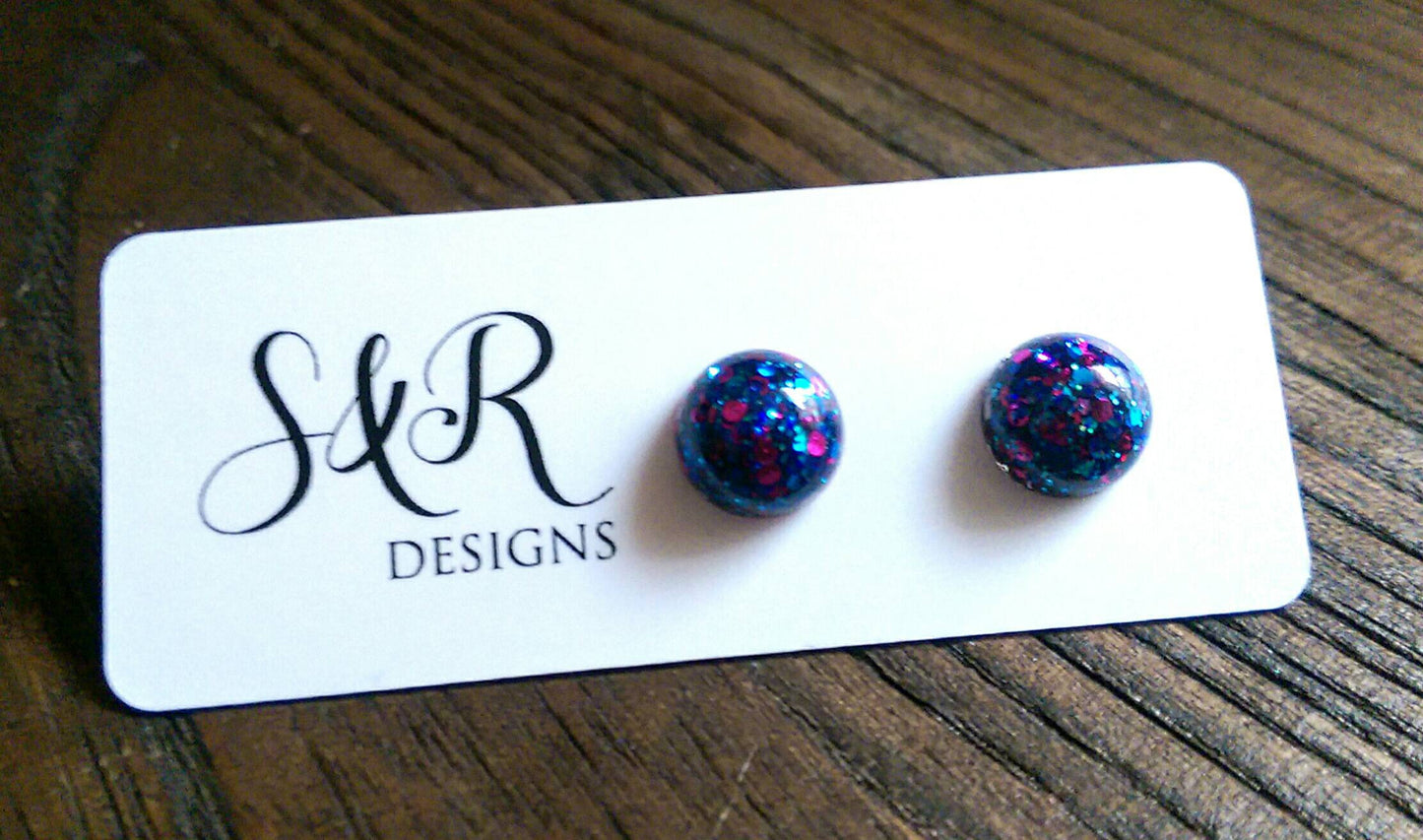 Glitter Resin Earrings, Pink Blue Mix Earrings, Stainless Steel Earrings. choose 9mm or 10mm - Silver and Resin Designs