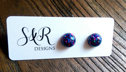 Glitter Resin Earrings, Pink Blue Mix Earrings, Stainless Steel Earrings. choose 9mm or 10mm - Silver and Resin Designs