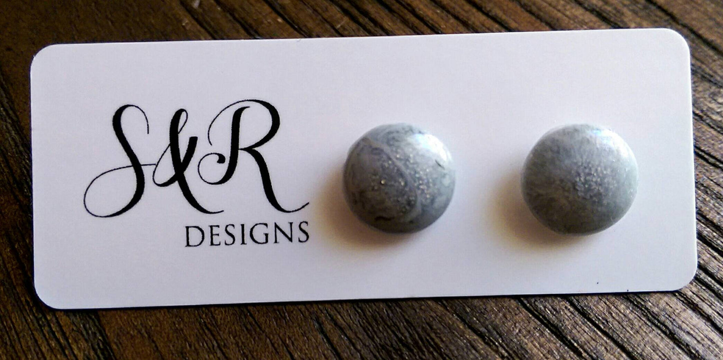 Silver Grey Circle Resin Stud Earrings, Stainless Steel Stud Earrings. 12mm - Silver and Resin Designs