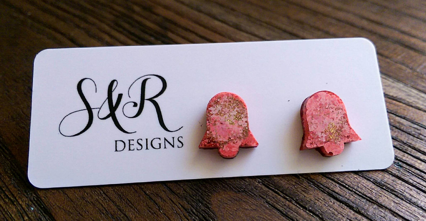 Bell Flower Resin Stud Earrings, Pink and Gold Mix Earrings. Stainless Steel Stud Earrings.
