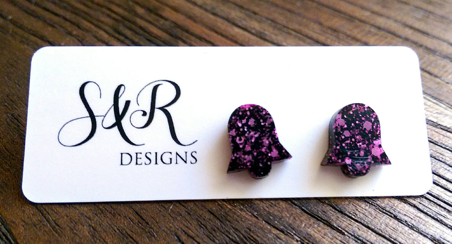 Bell Flower Resin Stud Earrings, Pink and Black Mix Earrings. Stainless Steel Stud Earrings.