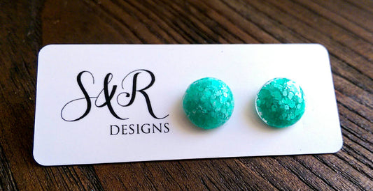 Mint Green Circle Resin Stud Earrings, Stainless Steel Stud Earrings. 12mm - Silver and Resin Designs