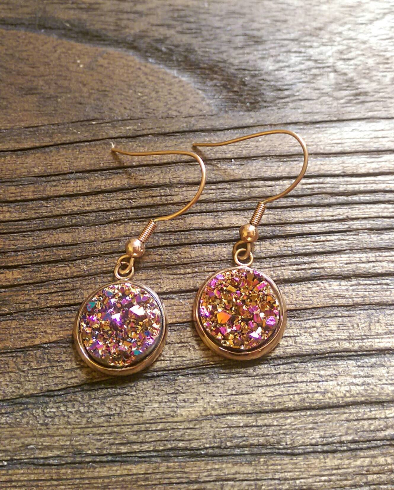 Sparkly Faux Druzy Stud Earrings made of Stainless Steel Rose Gold, Pink Rose Duzy