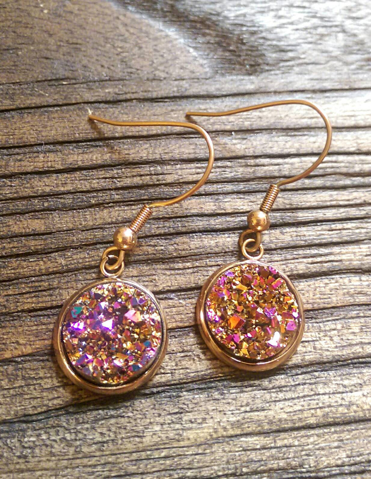 Sparkly Faux Druzy Stud Earrings made of Stainless Steel Rose Gold, Pink Rose Duzy
