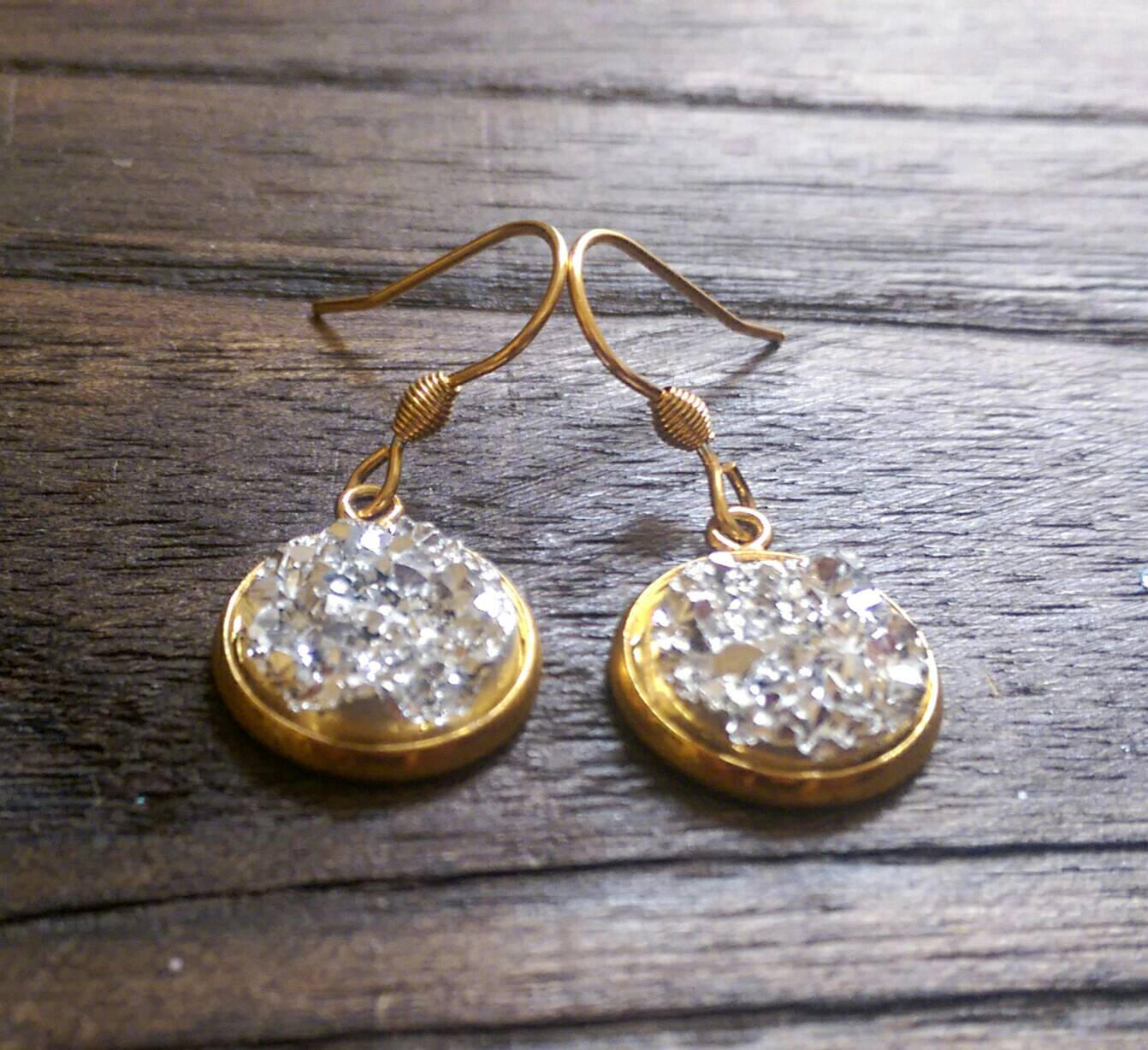 Sparkly Faux Druzy Dangle Earrings made of Stainless Steel Gold Choose colour 12mm