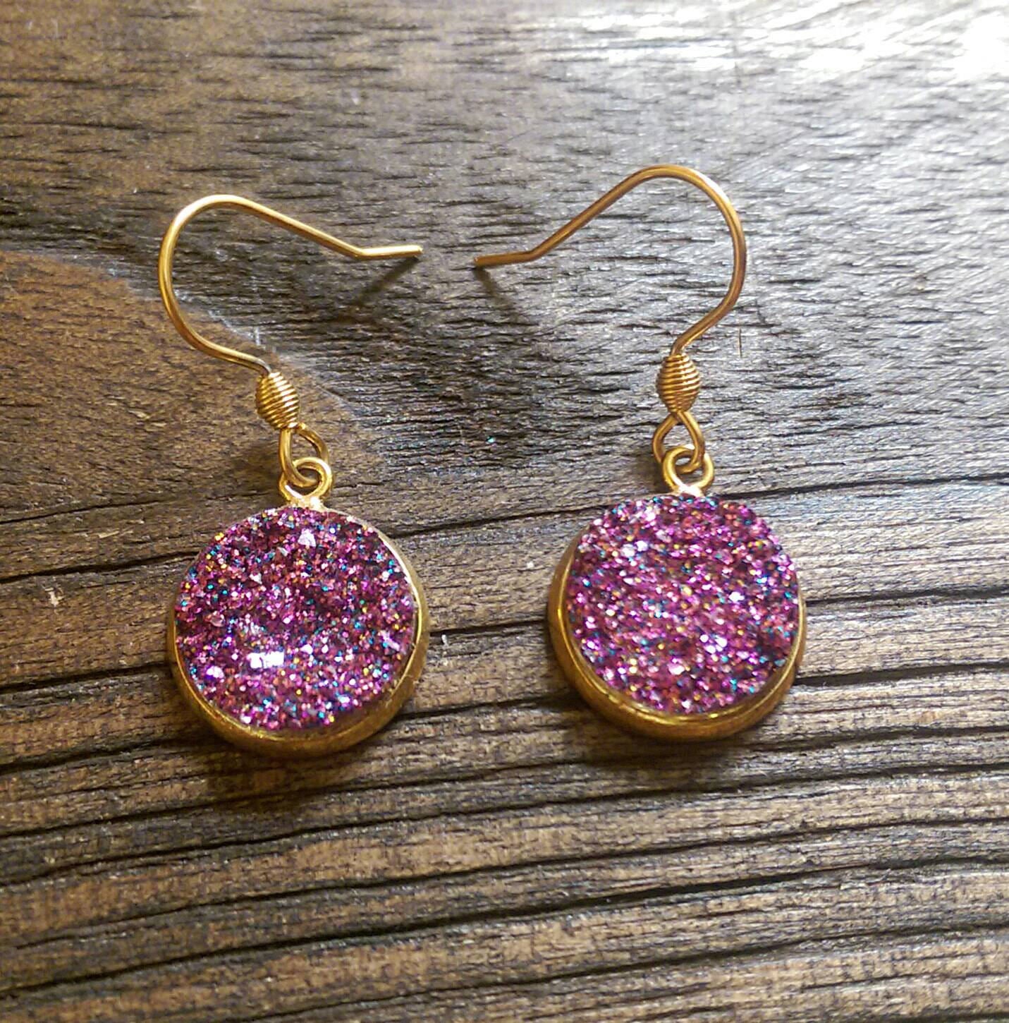 Sparkly Faux Druzy Dangle Earrings made of Stainless Steel Gold Choose colour 12mm