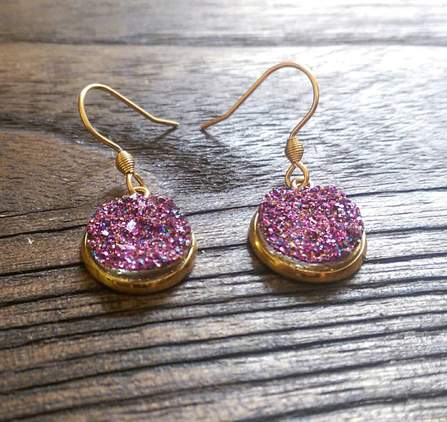 Sparkly Faux Druzy Dangle Earrings made of Stainless Steel Gold Choose colour 12mm