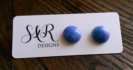 Circle Resin Stud Earrings, Purple, Blue Mix Shimmer Glitter Earrings - Silver and Resin Designs