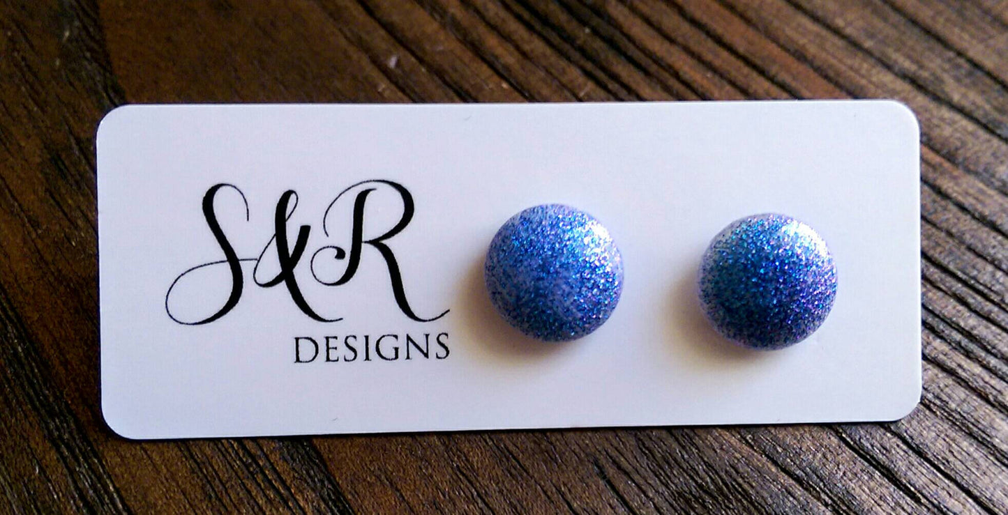 Circle Resin Stud Earrings, Purple, Blue Mix Shimmer Glitter Earrings - Silver and Resin Designs