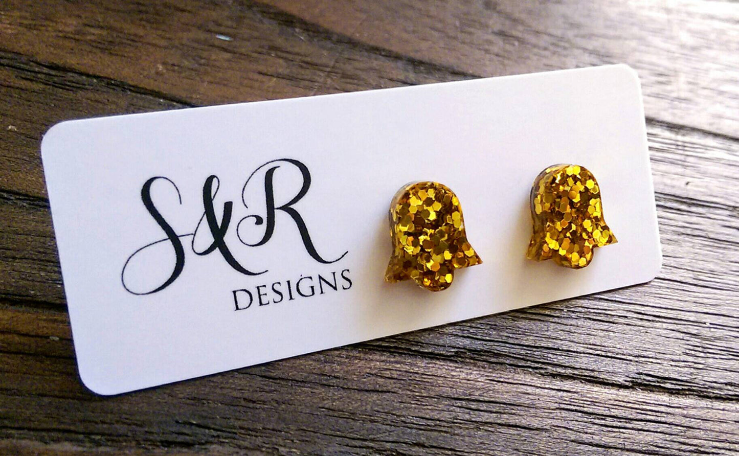 Bell Flower Resin Stud Earrings, Gold Glitter Earrings. Stainless Steel Stud Earrings.
