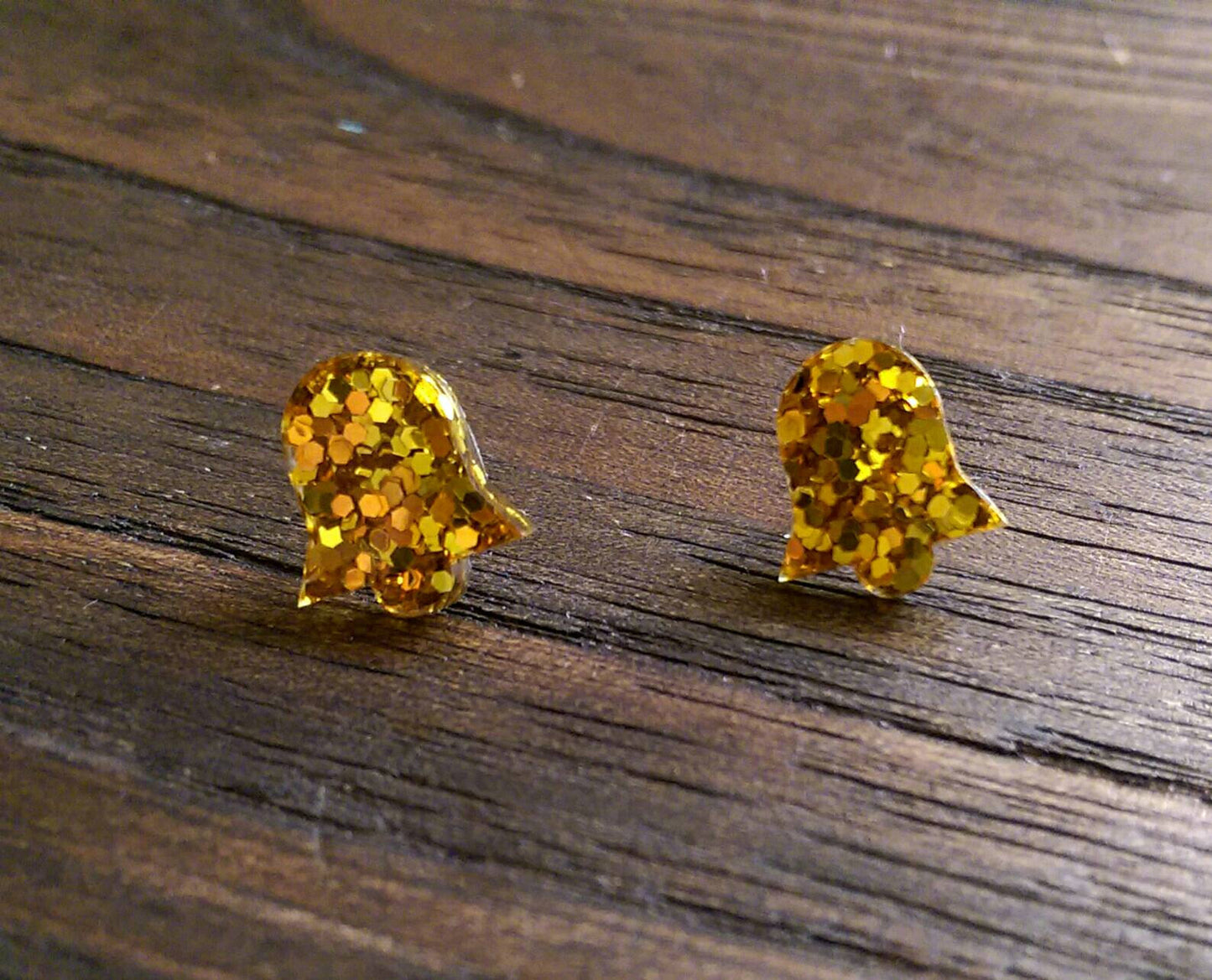 Bell Flower Resin Stud Earrings, Gold Glitter Earrings. Stainless Steel Stud Earrings.