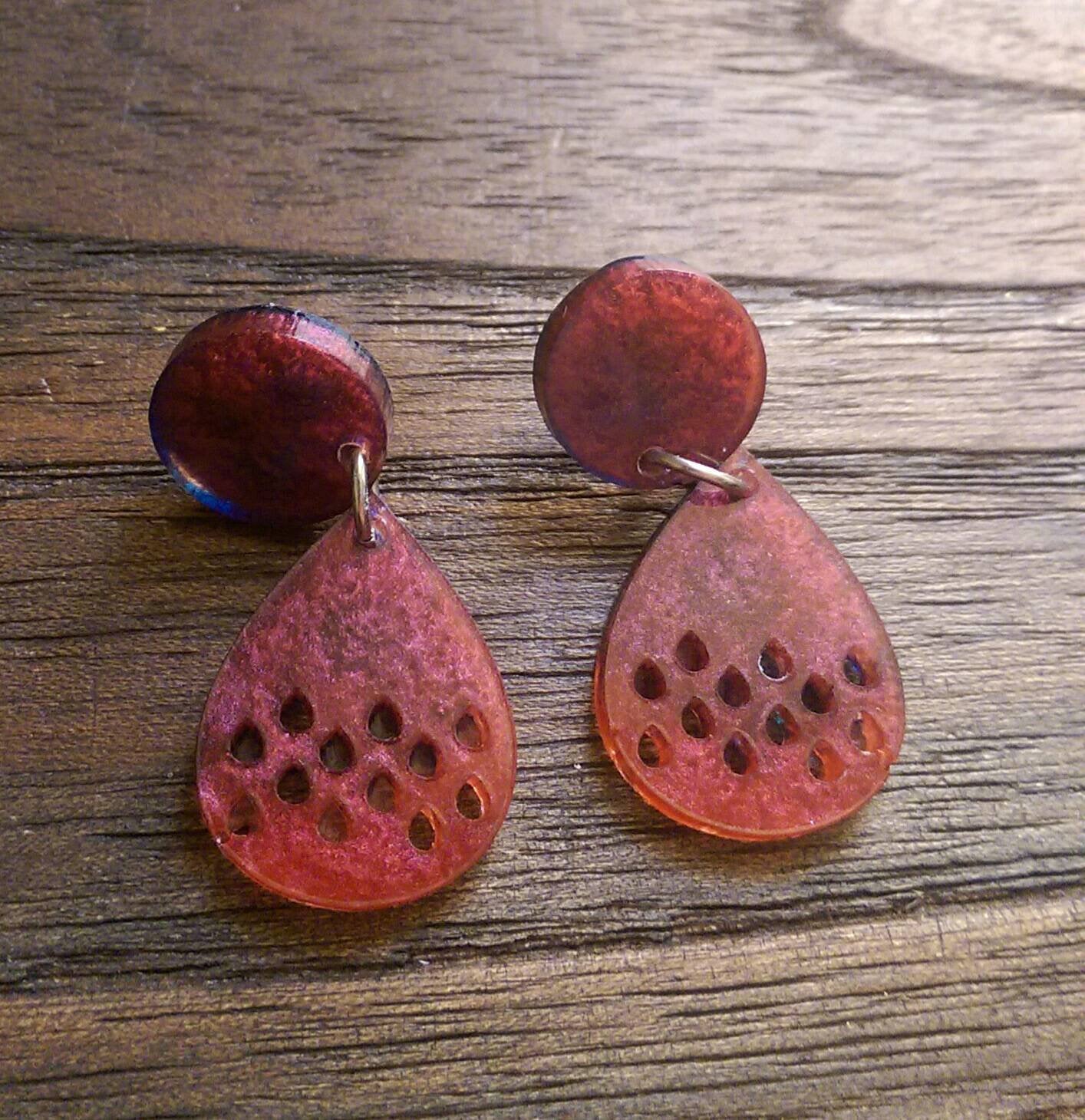 Teardrops Long Resin Earrings, Blue and Red Pearl Colour Earrings, Stainless Steel Earrings