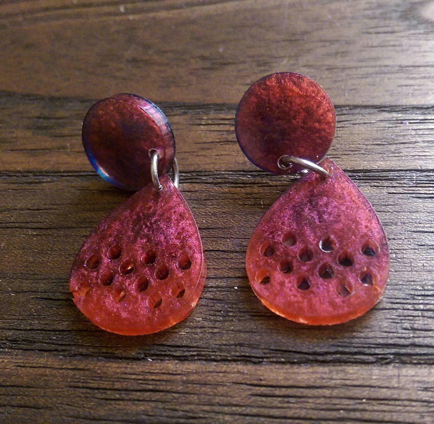 Teardrops Long Resin Earrings, Blue and Red Pearl Colour Earrings, Stainless Steel Earrings