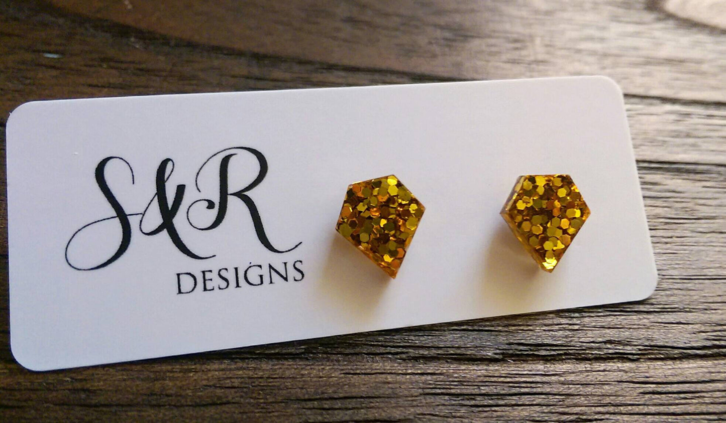 Diamond Cut Gold Resin Stud Earrings, Gold Glitter Earrings. Stainless Steel Stud Earrings.