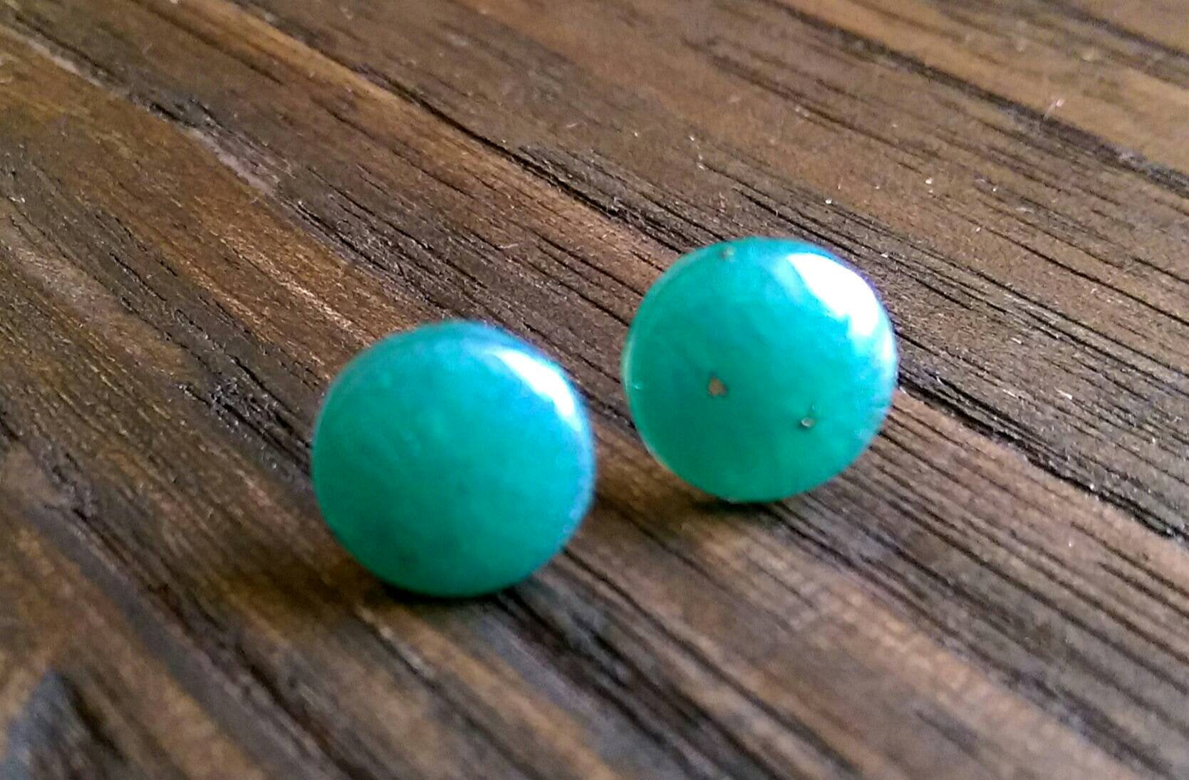 Teal Circle Resin Stud Earrings, Pearl Teal Earrings, Stainless Steel Stud Earrings. 12mm - Silver and Resin Designs