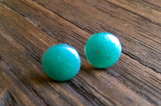 Teal Circle Resin Stud Earrings, Pearl Teal Earrings, Stainless Steel Stud Earrings. 12mm - Silver and Resin Designs