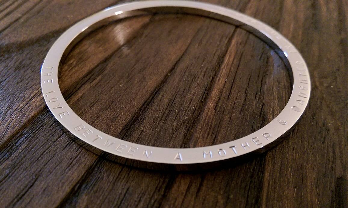 Hand Stamped Bangle The Love Between A Mother & Daughter is Forever Heart Symbol Stainless Steel. Ready 2 post. Large 68mm